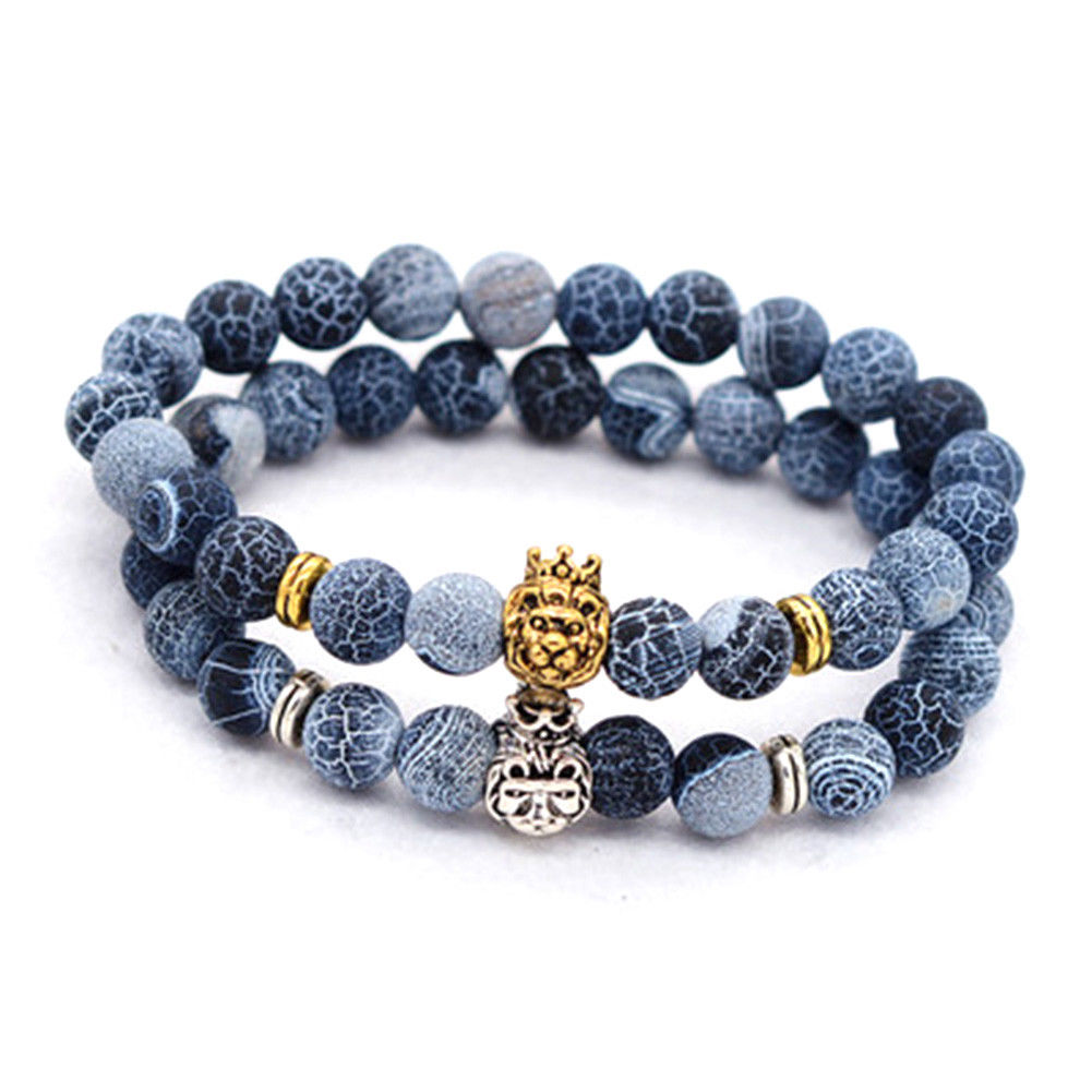 Beaded Lava Stone Crown & Lion Head Bracelet