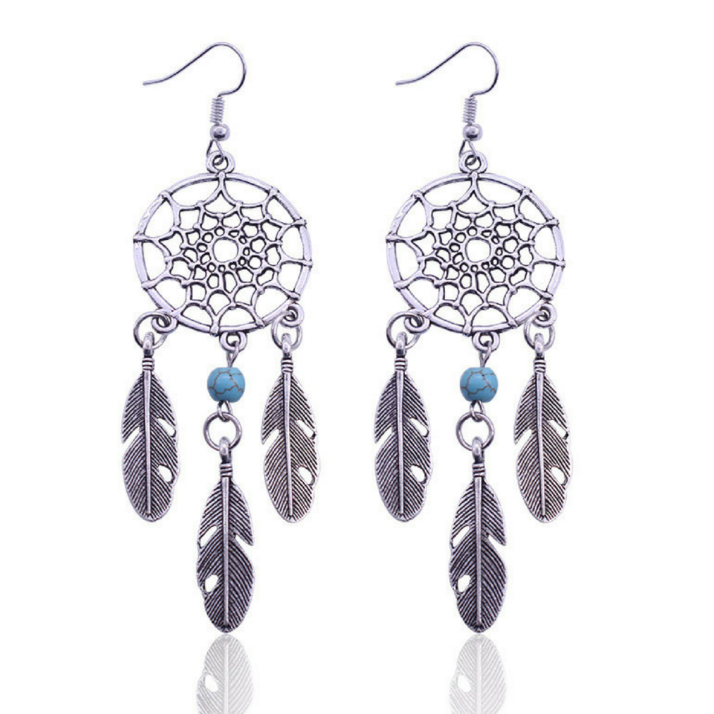 Dream Catcher Dangle Earrings Sterling Silver Plated Womens Drop Feather Bohemia