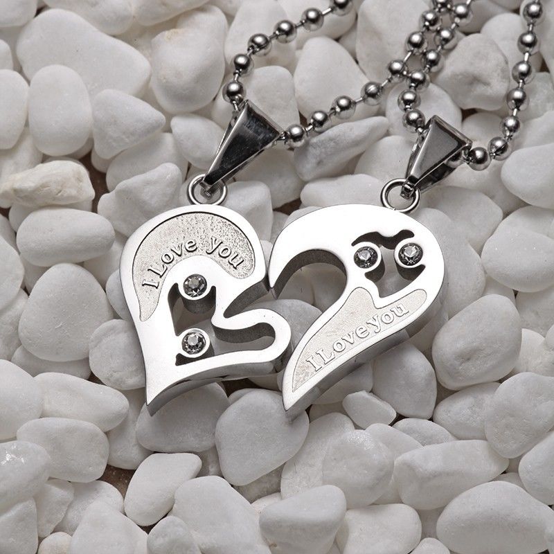 Maya's Grace Two Pieces Stainless Steel Heart Shaped with I Love You Message Pendant and Couple Matching Necklace
