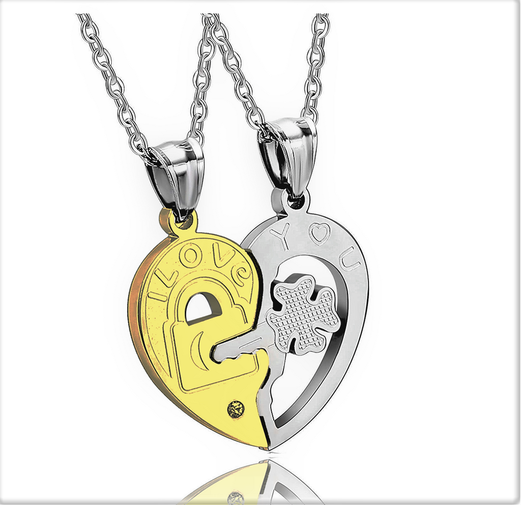 His and Hers Stainless Steel I Love You Heart Lock & Key Couple Pendant Necklace