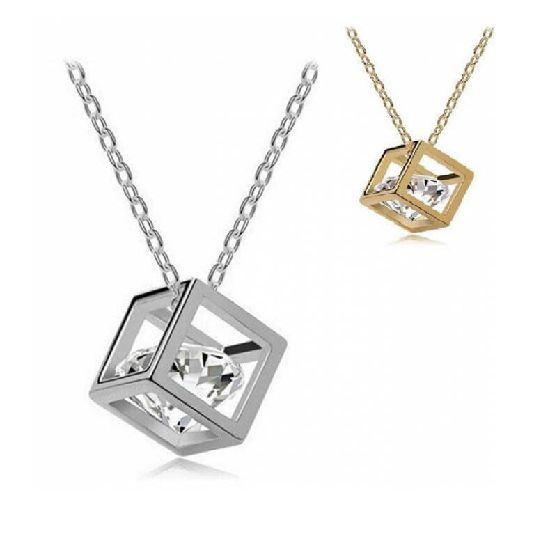 Diamond Box Cube White Crystal Pendant 925 Sterling Silver Gold Necklace Chain