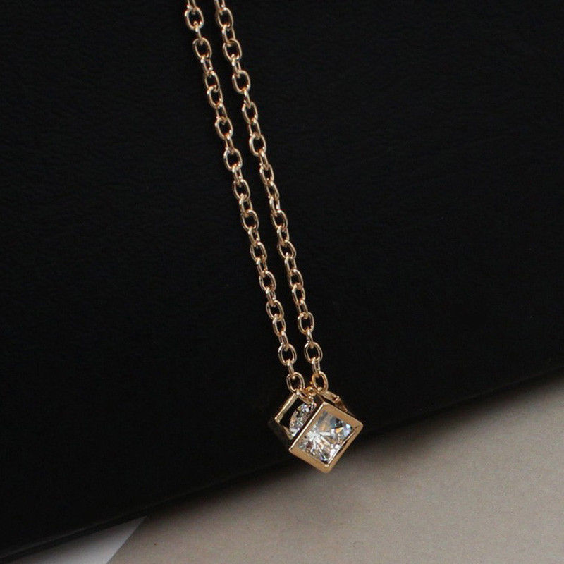 Diamond Box Cube White Crystal Pendant 925 Sterling Silver Gold Necklace Chain