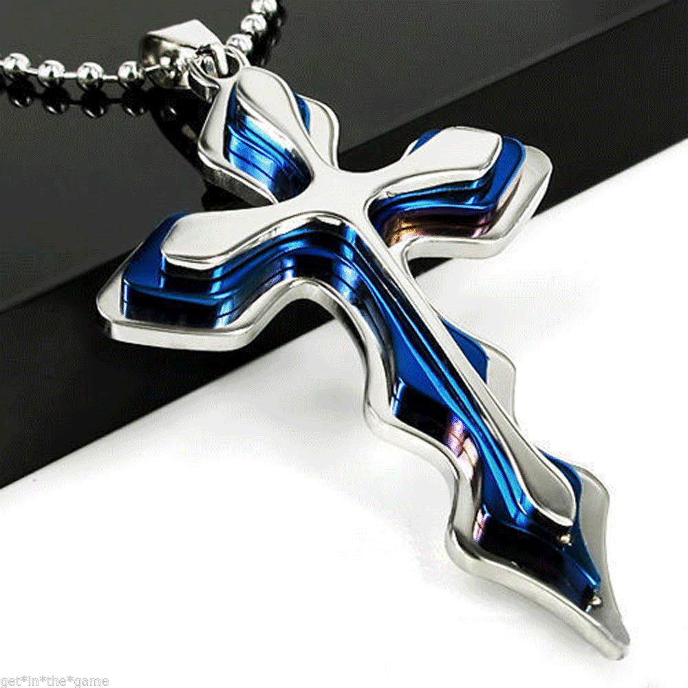 Blue Stainless Steel Cross Pendant Crucifix Faith Unisex Chain Durable Necklace