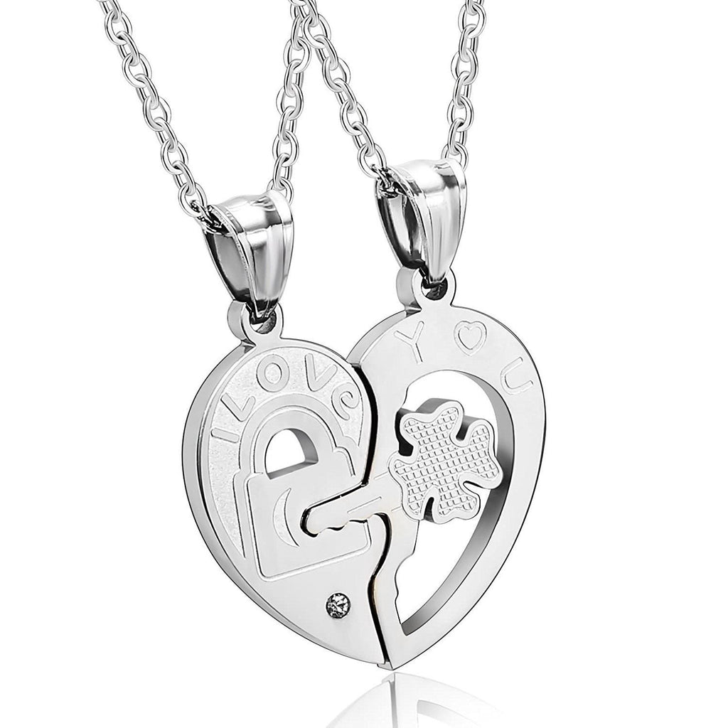 His and Hers Stainless Steel I Love You Heart Lock & Key Couple Pendant Necklace